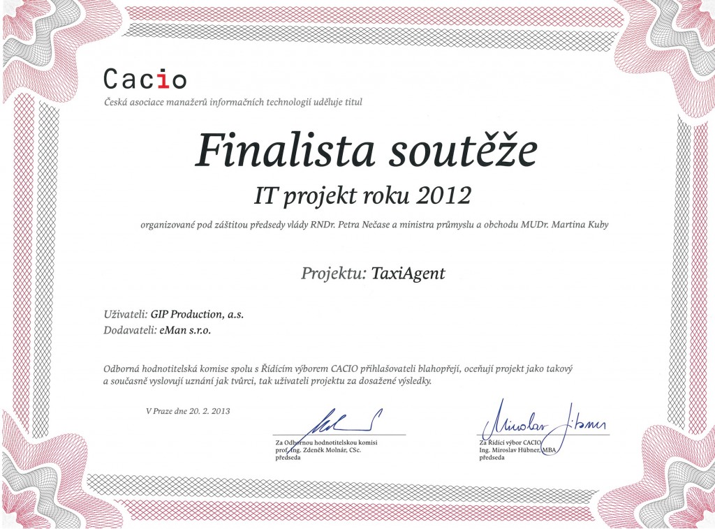 IT projekt roku 2012 - TaxiAgent - diplom (eMan s.r.o.)